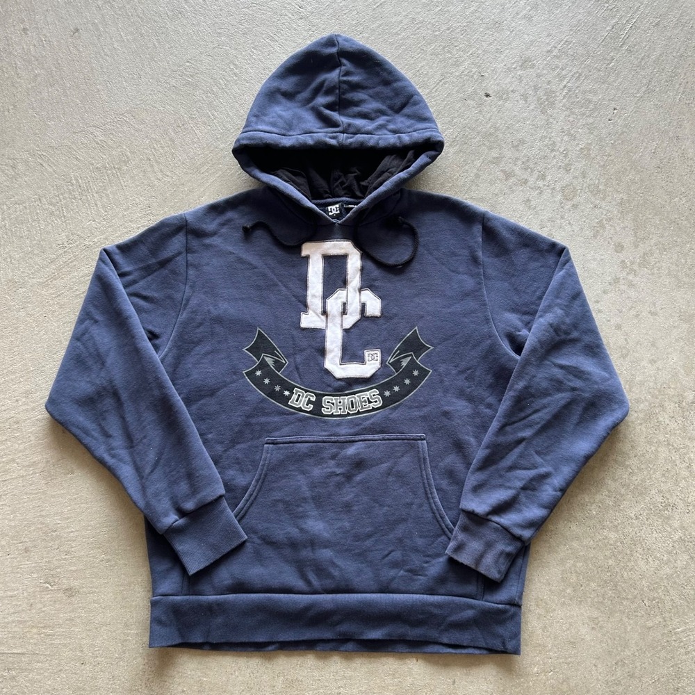 Vintage DC Shoes Sweatshirt Size Small Blue Y2K Spellout Fleece Hoodie Skater